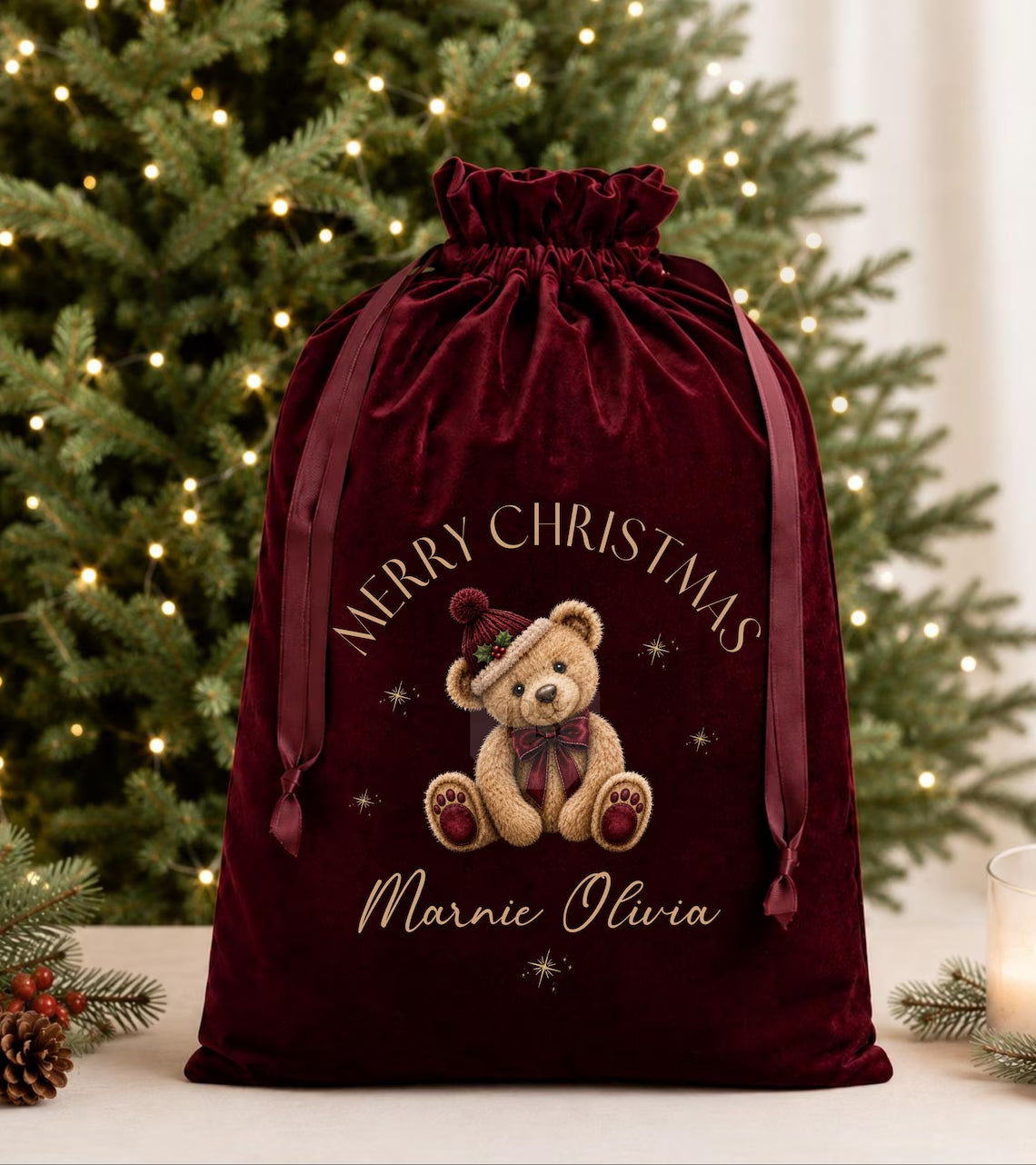 Personalized Christmas Sack | Luxury Velvet Santa Gift Bag Teddy Bear