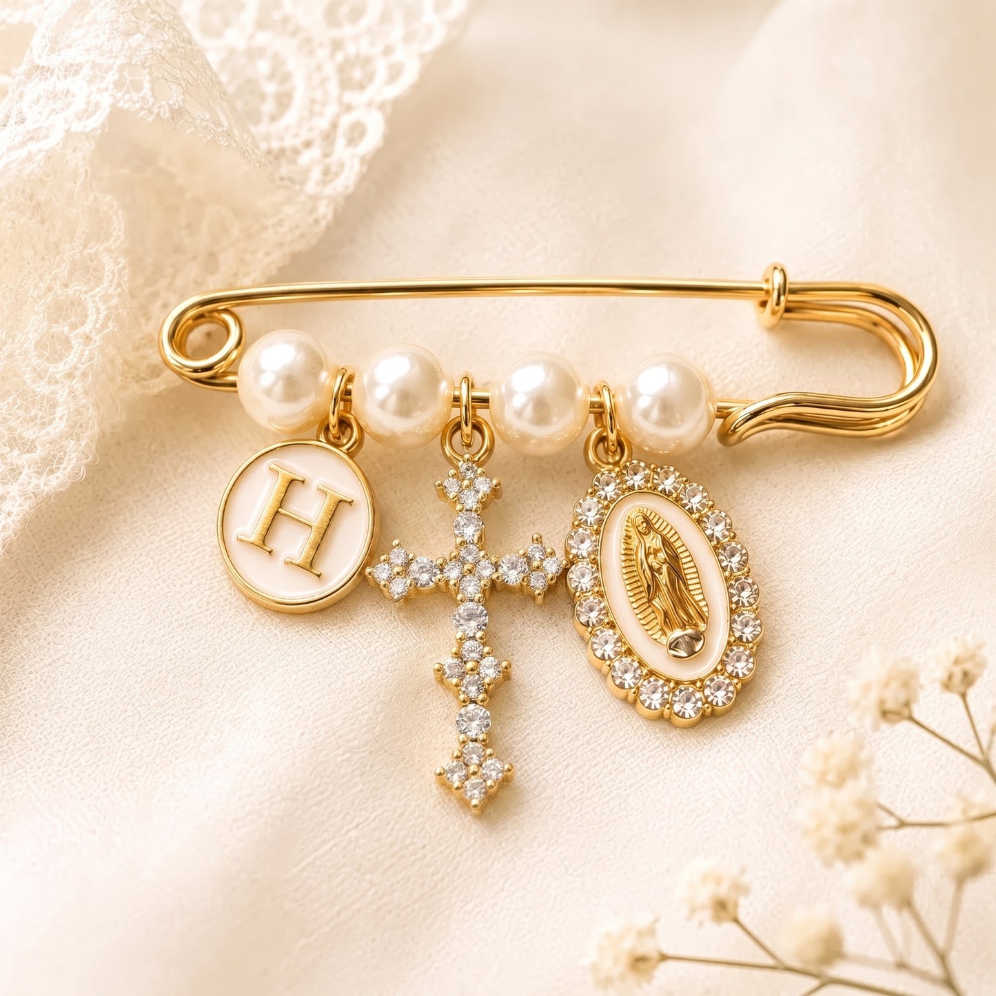 Personalized Catholic Baptism Pin – Pearl Christening Brooch