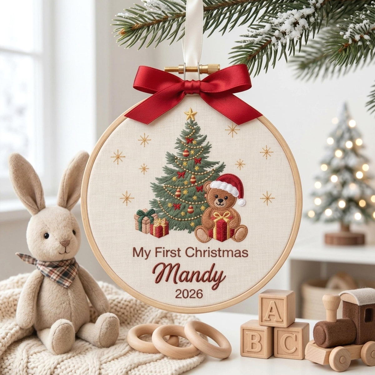 Personalized Embroidered Baby’s First Christmas Teddy Bear Ornament Name and Year