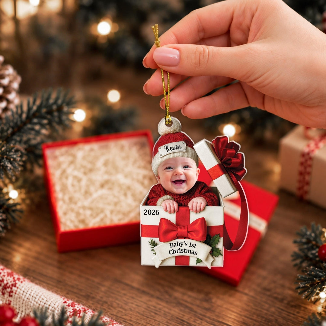 Personalized Baby's First Christmas Photo Acrylic Ornament Baby in Gift Box
