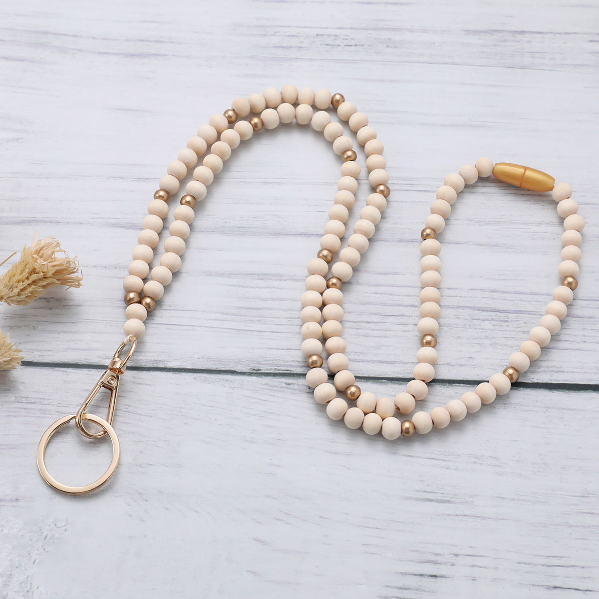 Personalized White & Wood Name Lanyard – Neutral Teacher Gift