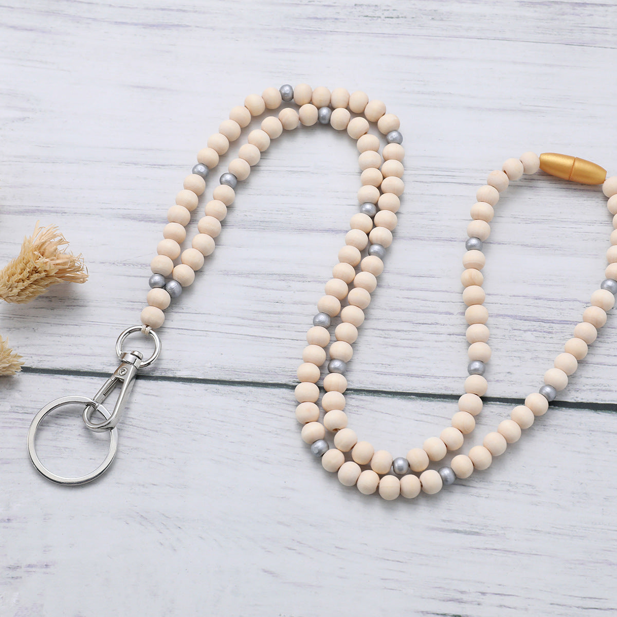 Personalized White & Wood Name Lanyard – Neutral Teacher Gift