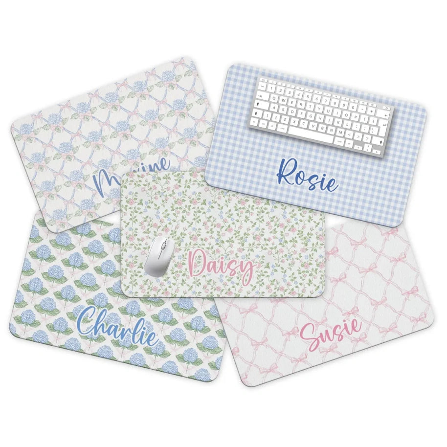 Personalized Name Desk Pad – Blue Hydrangea & Pink Bow Office Mat