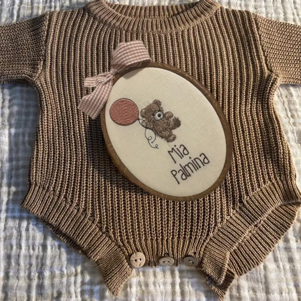 Oval Baby Name Embroidered Sign – Personalized Teddy & Balloon Décor