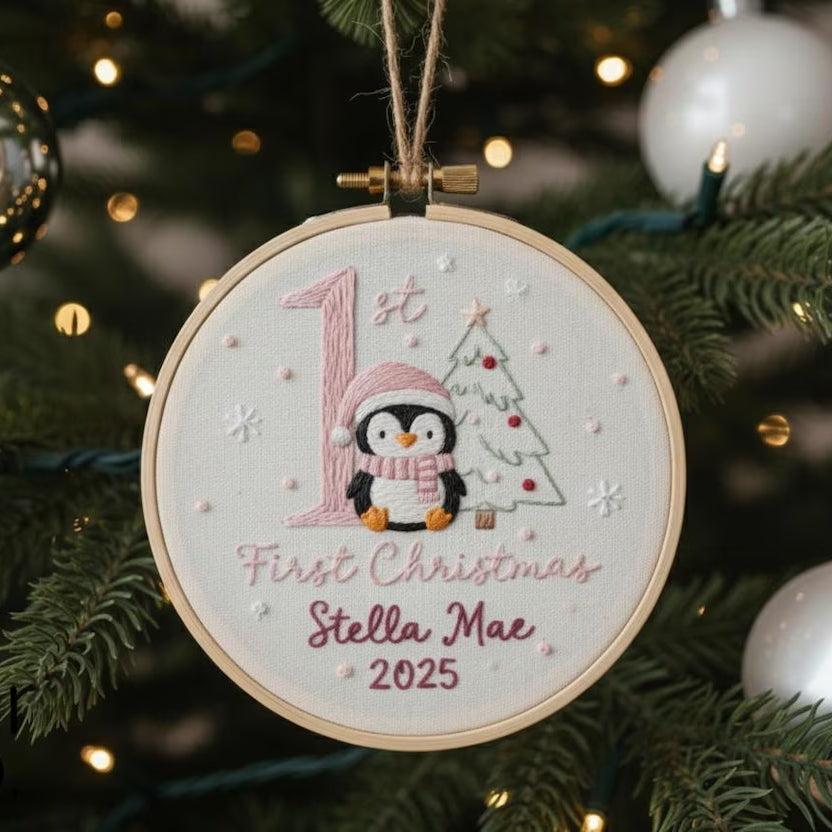 Baby’s First Christmas Embroidered Ornament – Penguin, Elephant & More