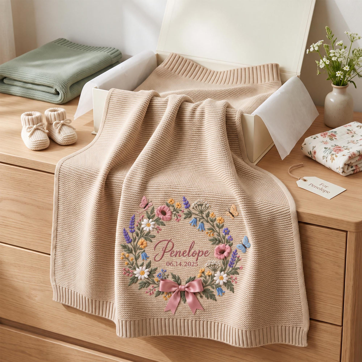 Personalized Floral Wreath Baby Knit Blanket with Name & Birth Date