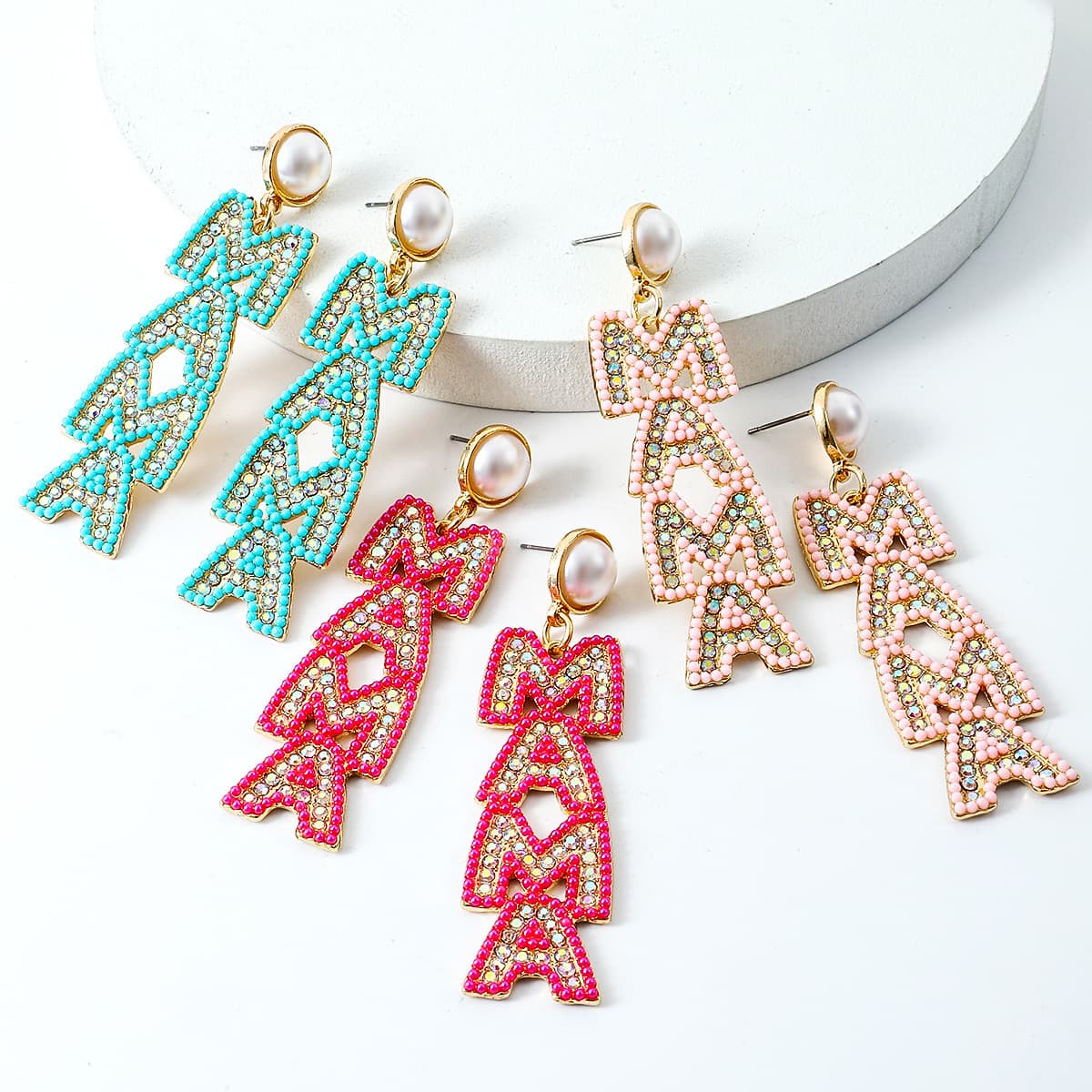 MAMA Letter Drop Earrings – Handmade Rhinestone Statement Jewelry
