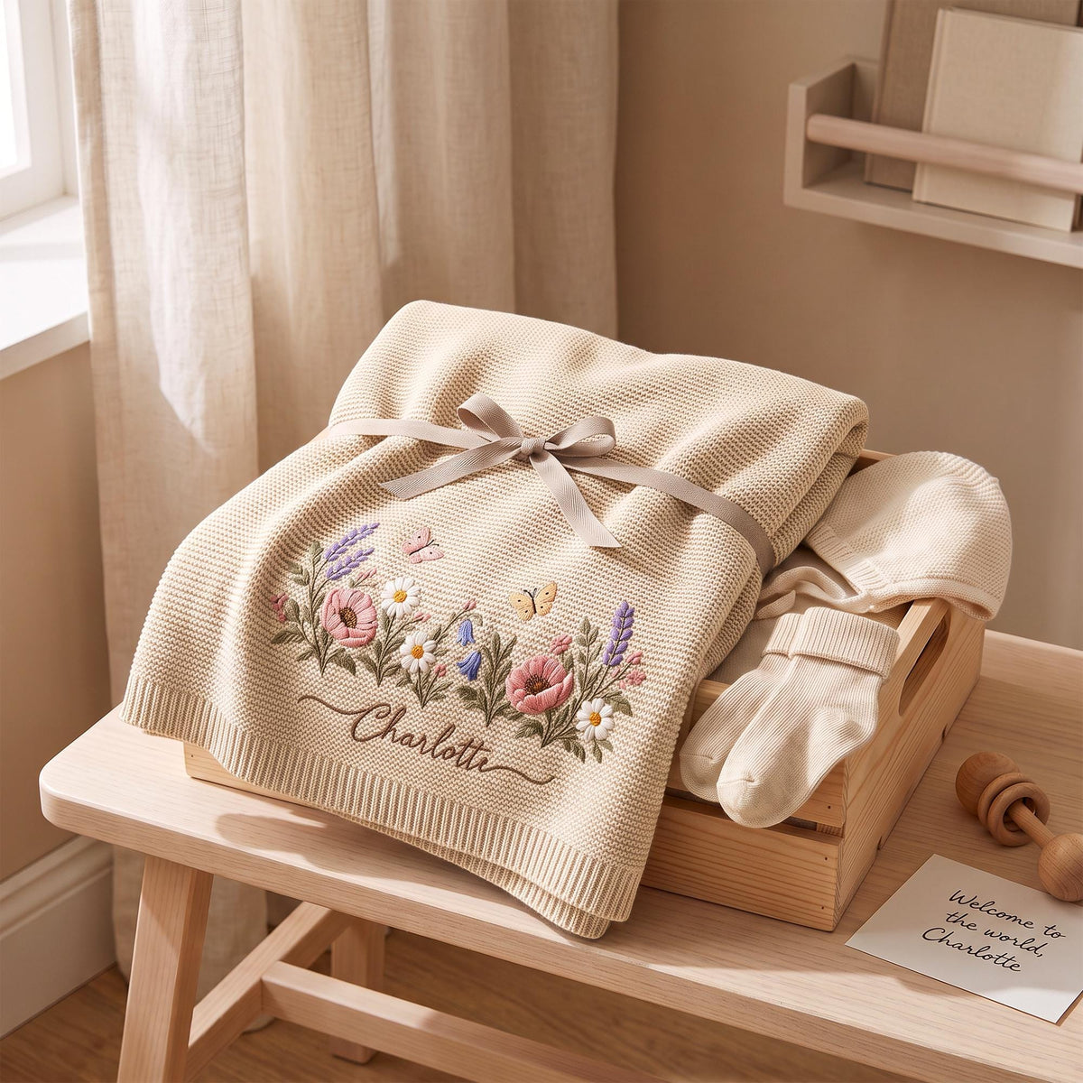 Personalized Wildflower Baby Blanket, Custom Name Floral Knit Blanket
