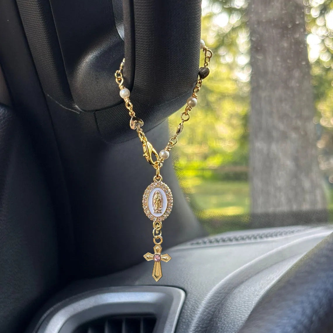 Heart Steering Wheel Rosary Charm - Custom Car Accessory