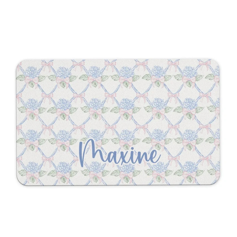 Personalized Name Desk Pad – Blue Hydrangea & Pink Bow Office Mat