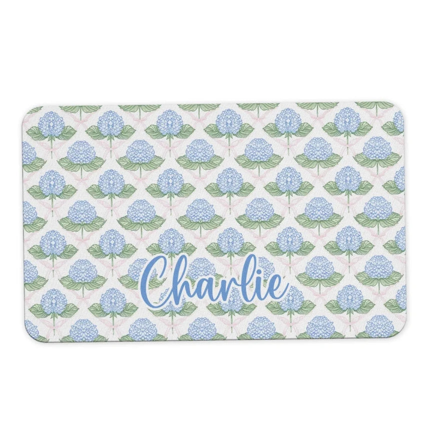 Personalized Name Desk Pad – Blue Hydrangea & Pink Bow Office Mat