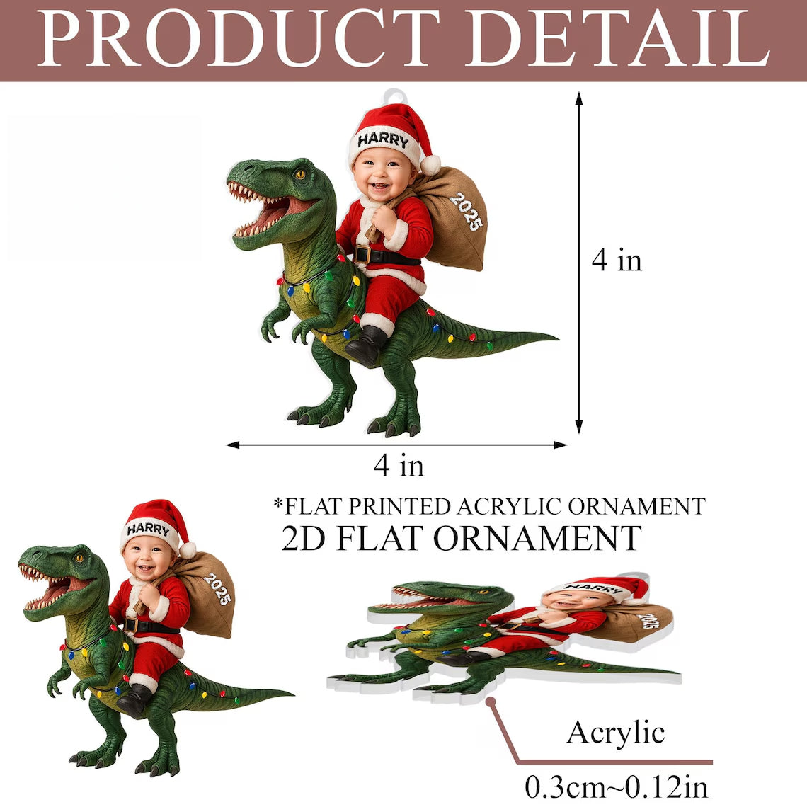 Personalized Acrylic Dinosaur Christmas Ornament – Kids Photo Keepsake 2025