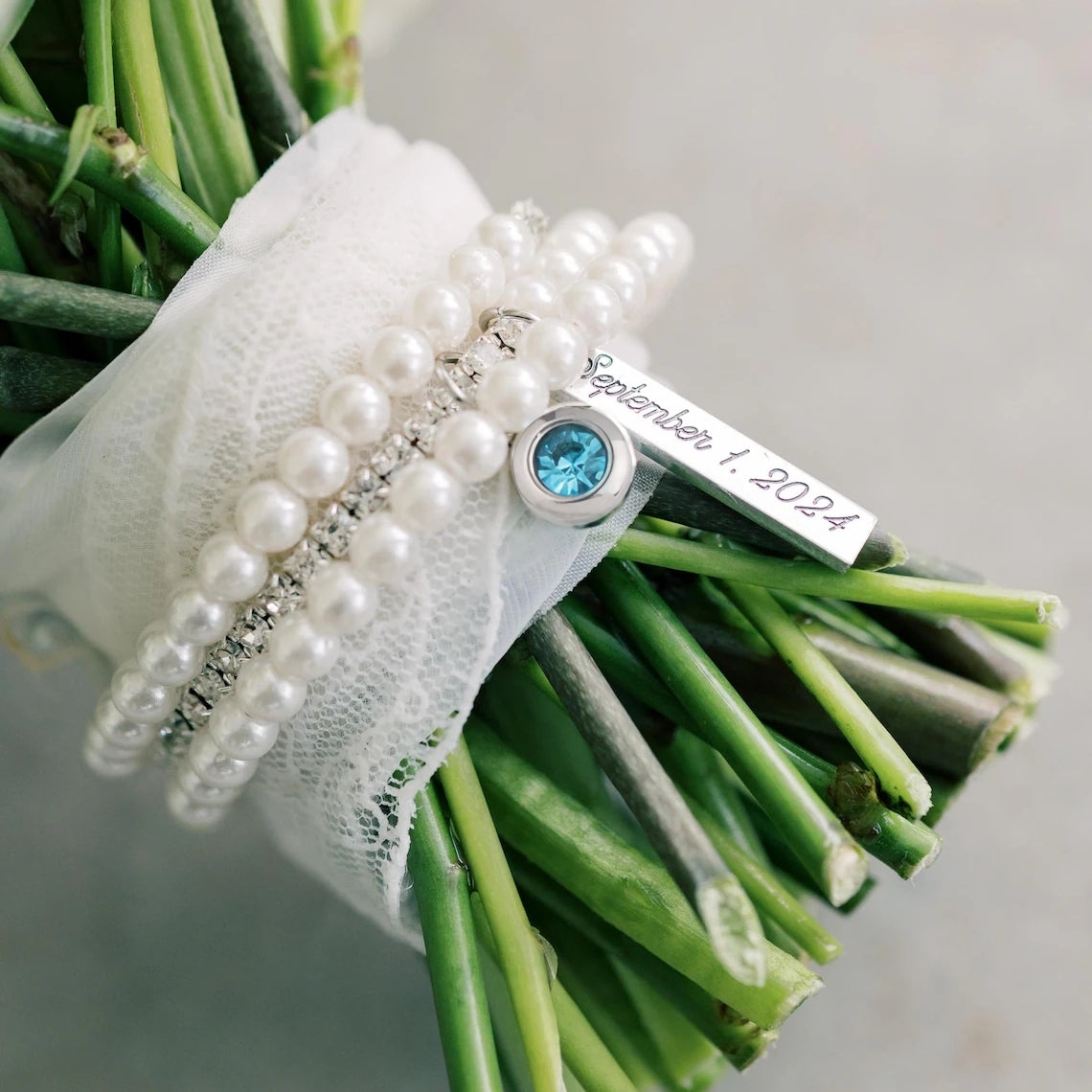 Something Blue Bride Bouquet Charm – Engraved Gift from Mom