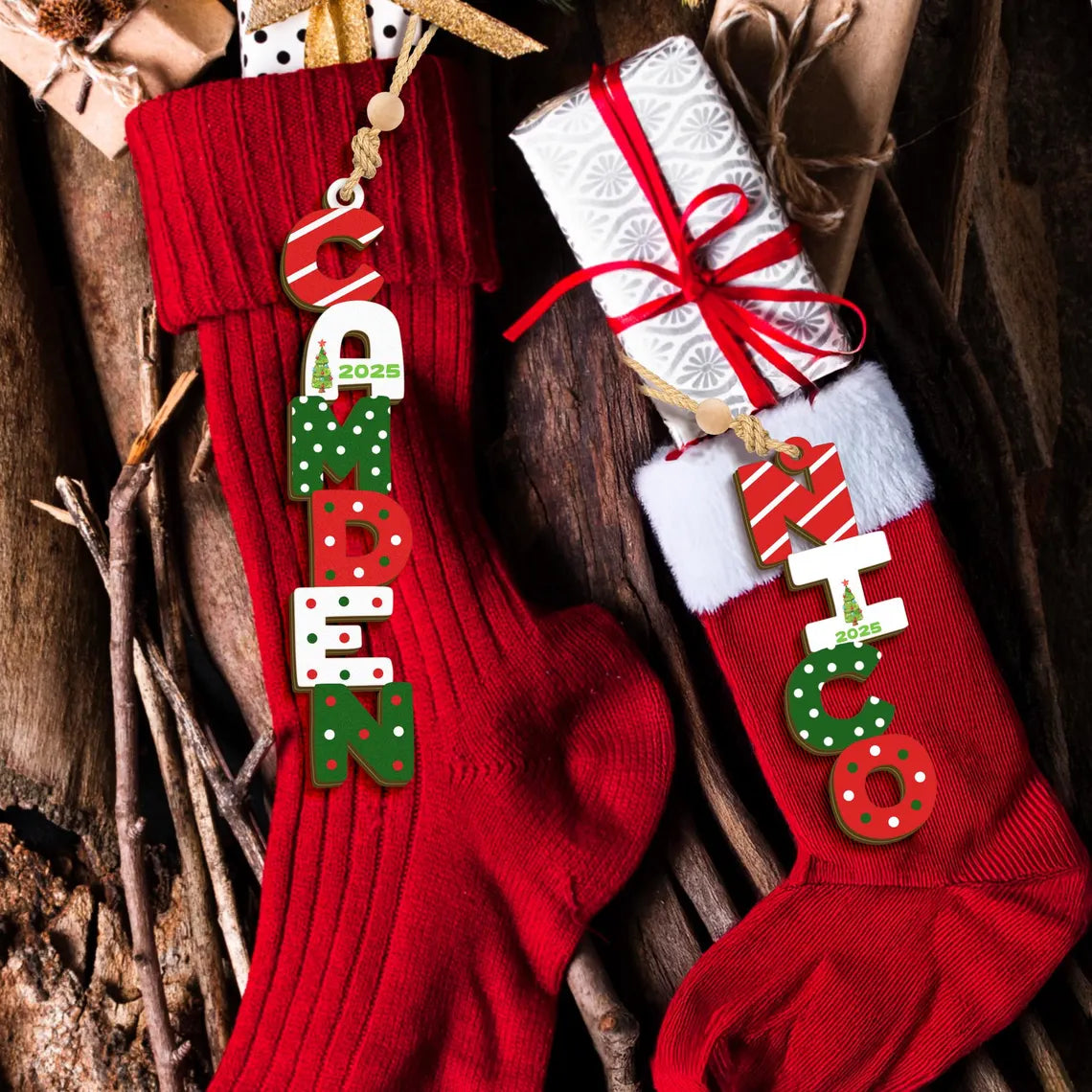 Personalized Christmas Name Letter Ornament 2025 – Custom Stocking Tag