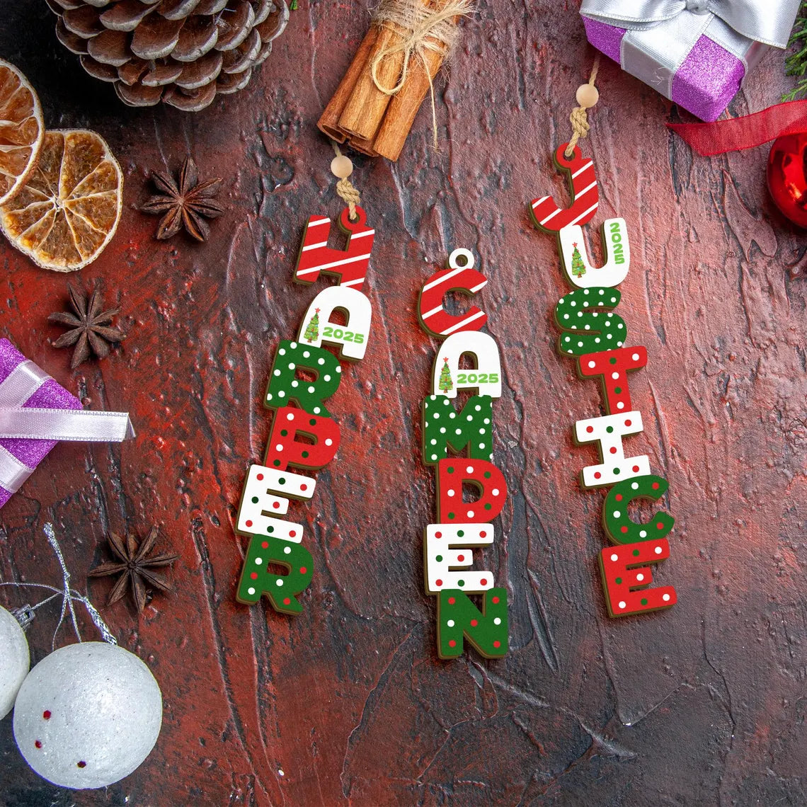 Personalized Christmas Name Letter Ornament 2025 – Custom Stocking Tag