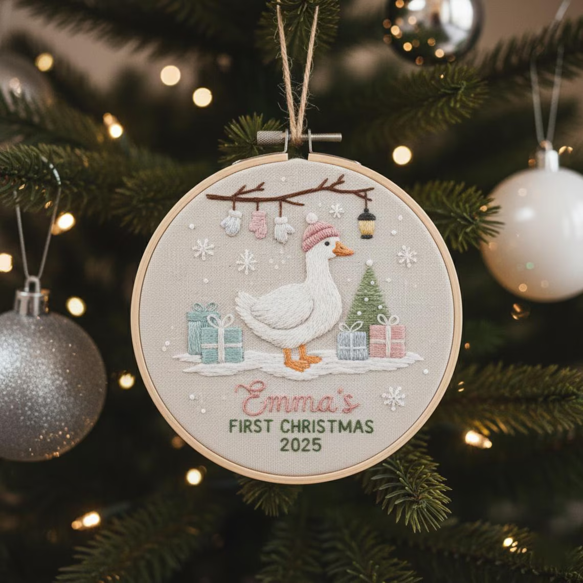Goose Baby’s First Christmas Ornament – Hand Embroidered Personalized Gift