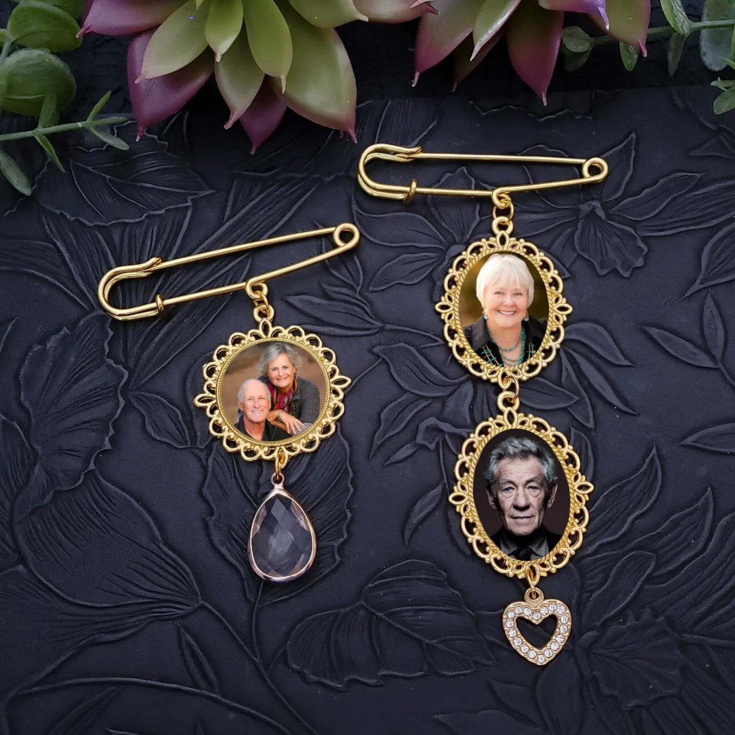 Gold Memorial Bridal Bouquet Charm - Personalized Remembrance Photo Pin