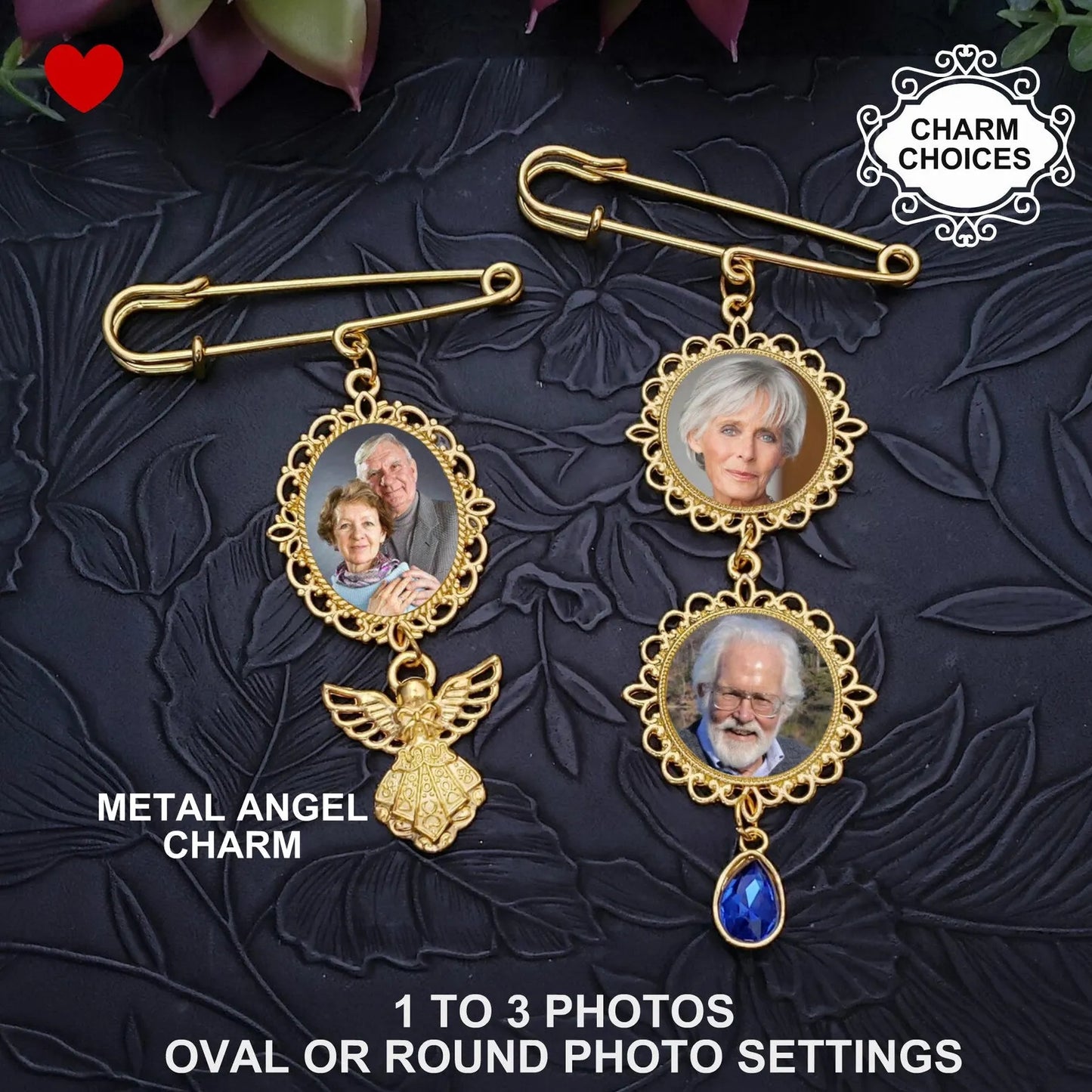 Gold Memorial Bridal Bouquet Charm - Personalized Remembrance Photo Pin