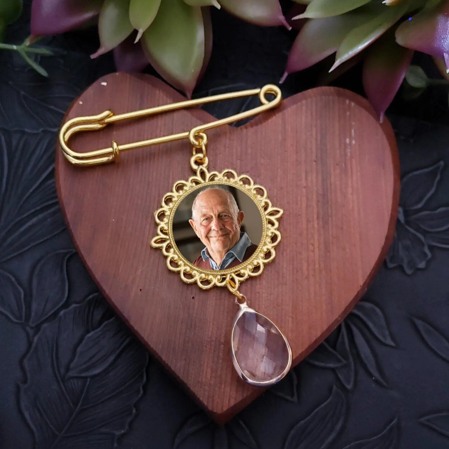 Gold Memorial Bridal Bouquet Charm - Personalized Remembrance Photo Pin