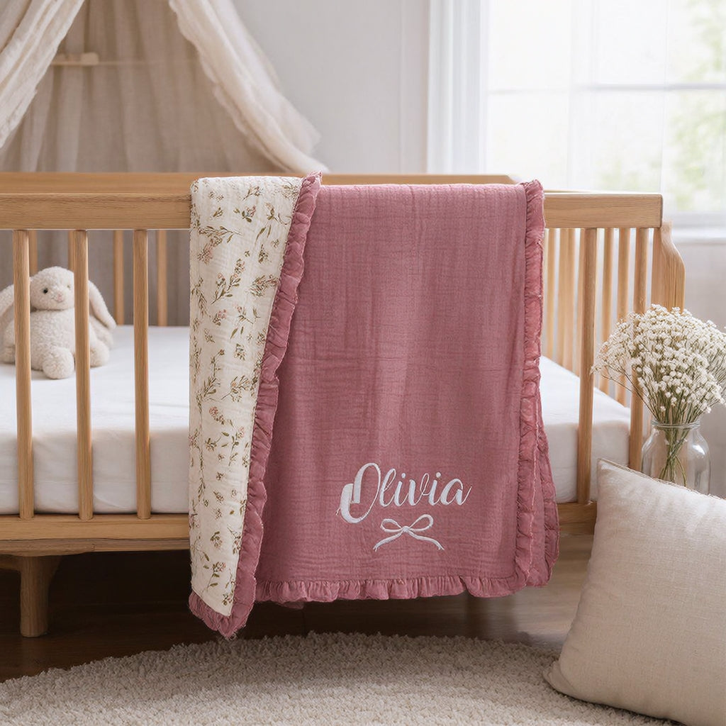 Personalized Muslin Baby Girl Blanket | Custom Embroidered Name & Bow Design