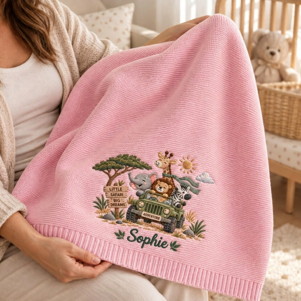 Personalized Safari Jeep Baby Knit Blanket with Embroidered Name