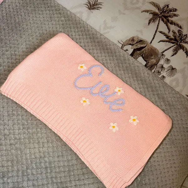 Personalized Floral Baby Name Knit Blanket | Custom Embroidered Gift