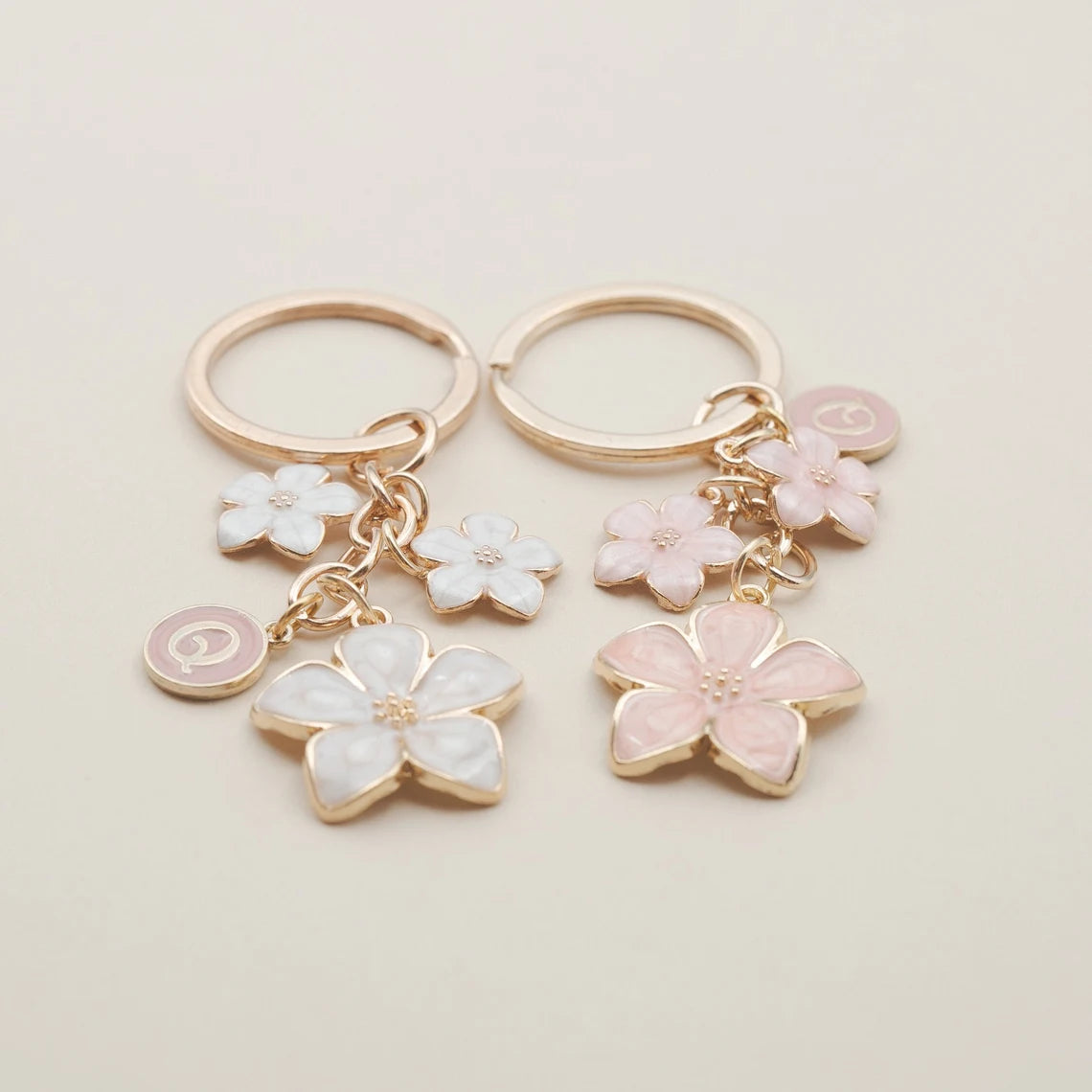 Cherry Blossom Flower Keychain with Custom Initial Charm