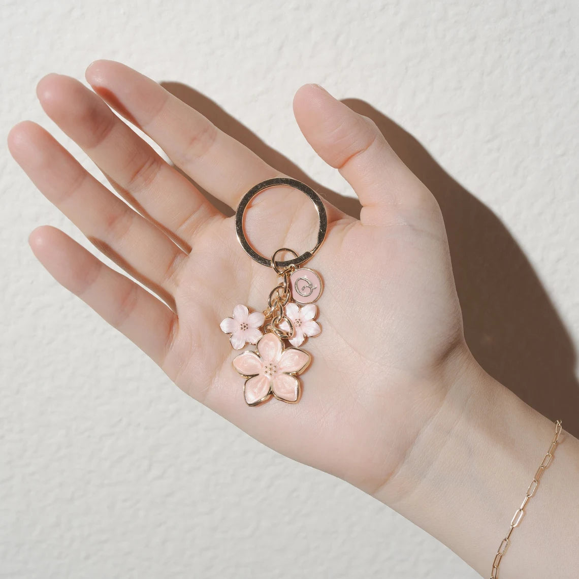 Cherry Blossom Flower Keychain with Custom Initial Charm