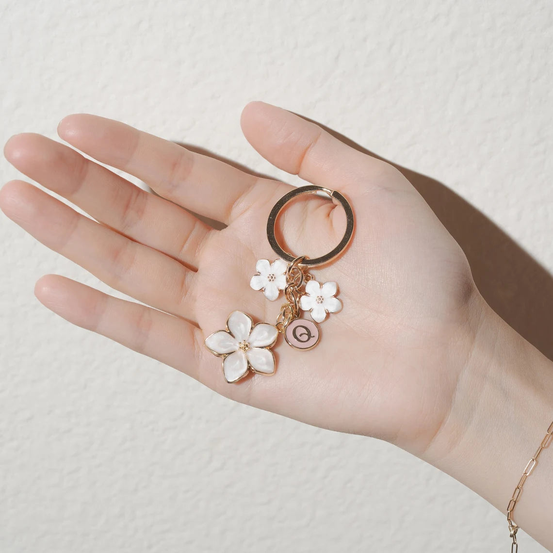 Cherry Blossom Flower Keychain with Custom Initial Charm