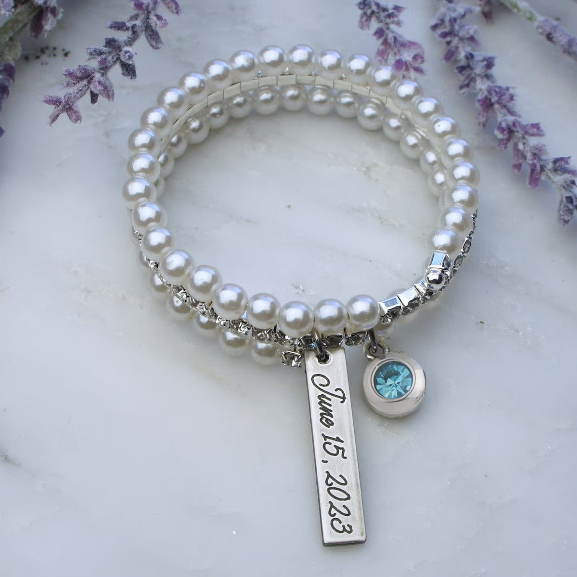 Something Blue Bride Bouquet Charm – Engraved Gift from Mom