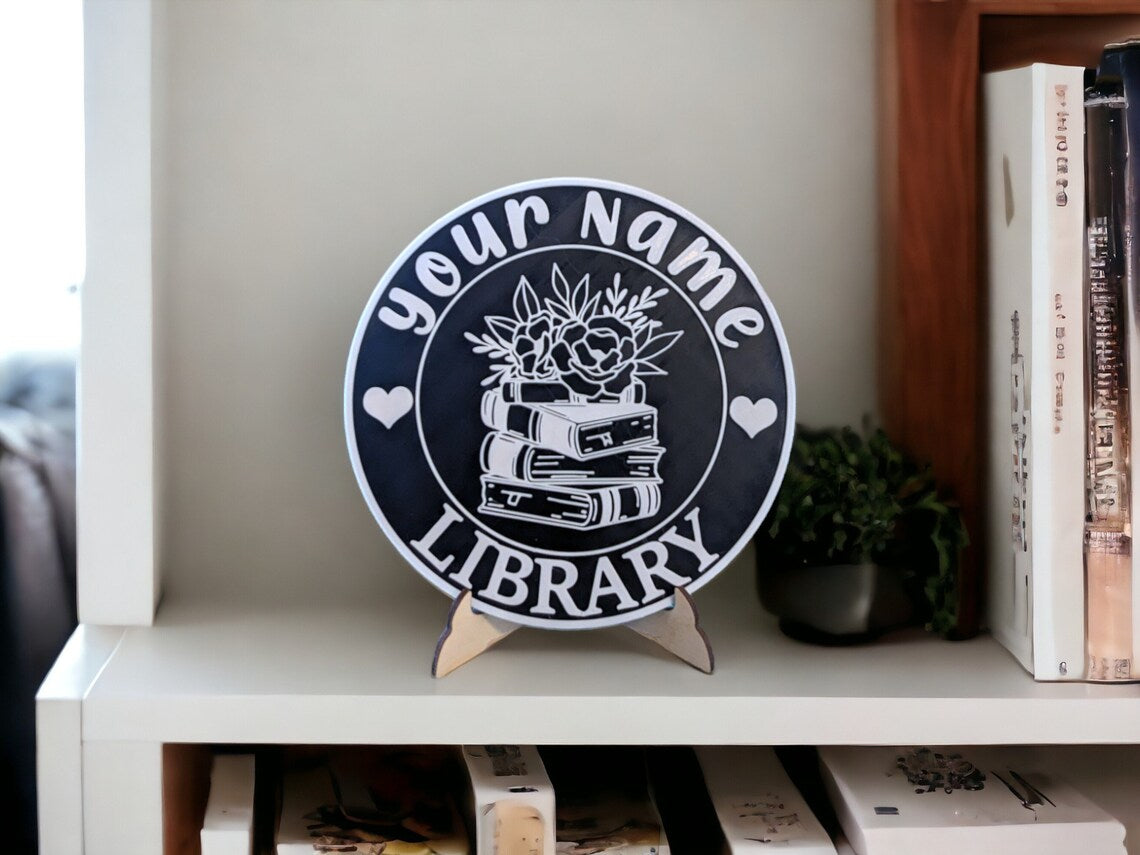 Personalized 3D Library Sign – Book Nook Decor with Stand