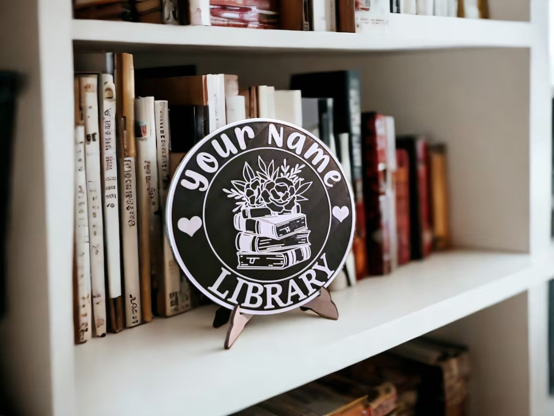 Personalized 3D Library Sign – Book Nook Decor with Stand