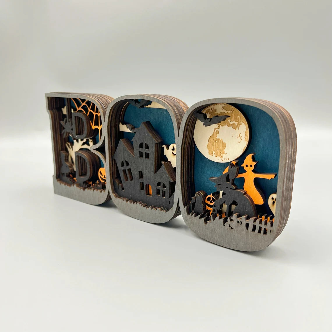 3D Wooden BOO Sign Lamp – Halloween Tabletop & Wall Decoration