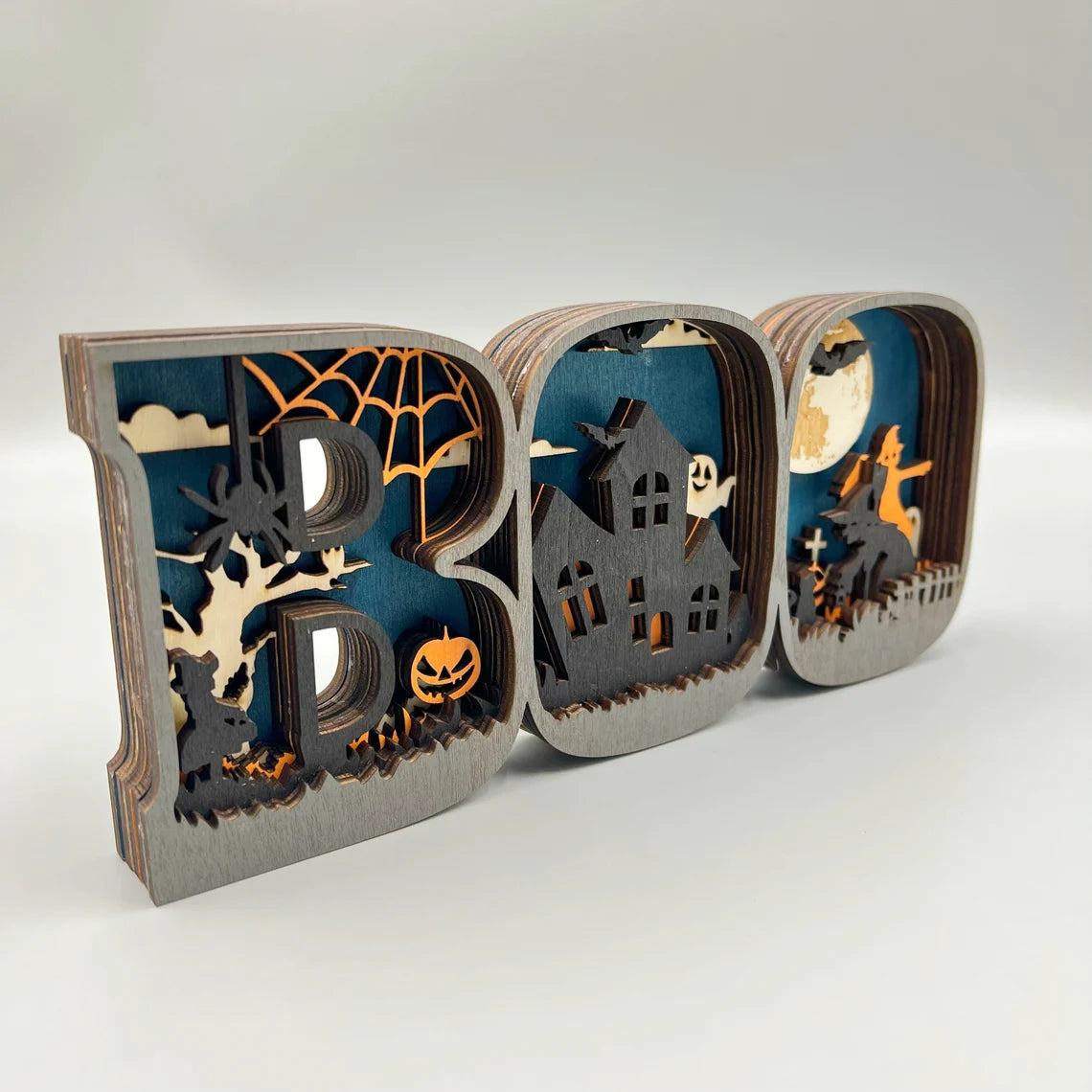 3D Wooden BOO Sign Lamp – Halloween Tabletop & Wall Decoration