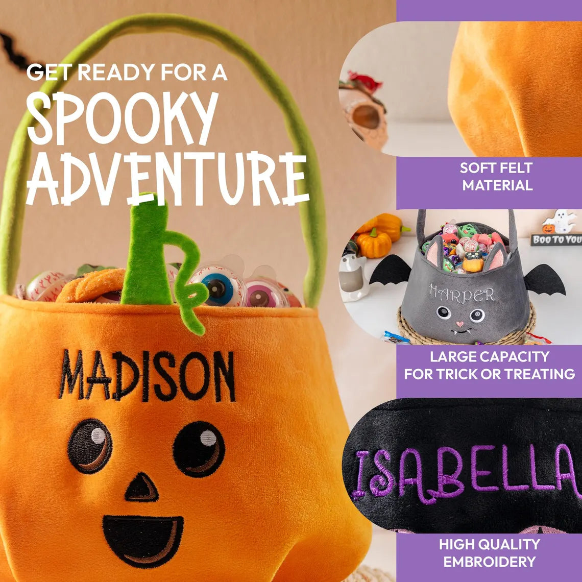 Custom Halloween Basket Candy Bag – Personalized Trick or Treat Bucket