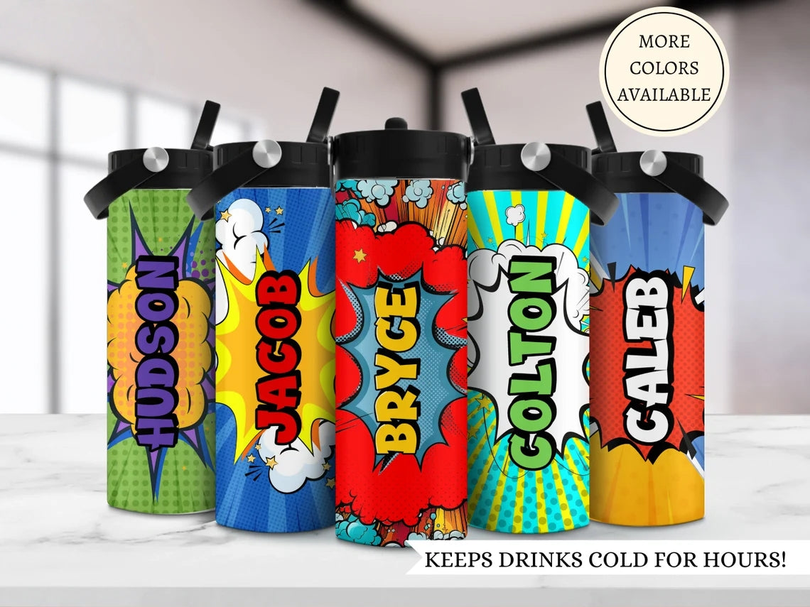 Personalized Comic Book Hero Kids Water Bottle with Straw