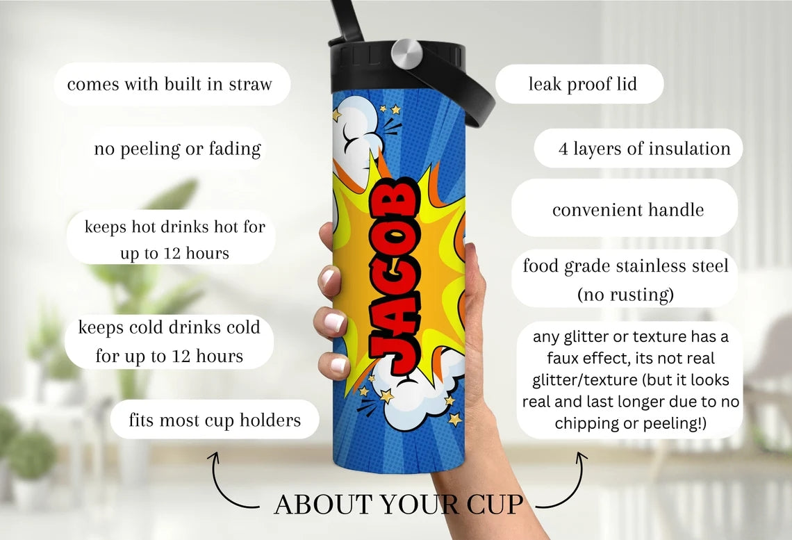 Personalized Comic Book Hero Kids Water Bottle with Straw