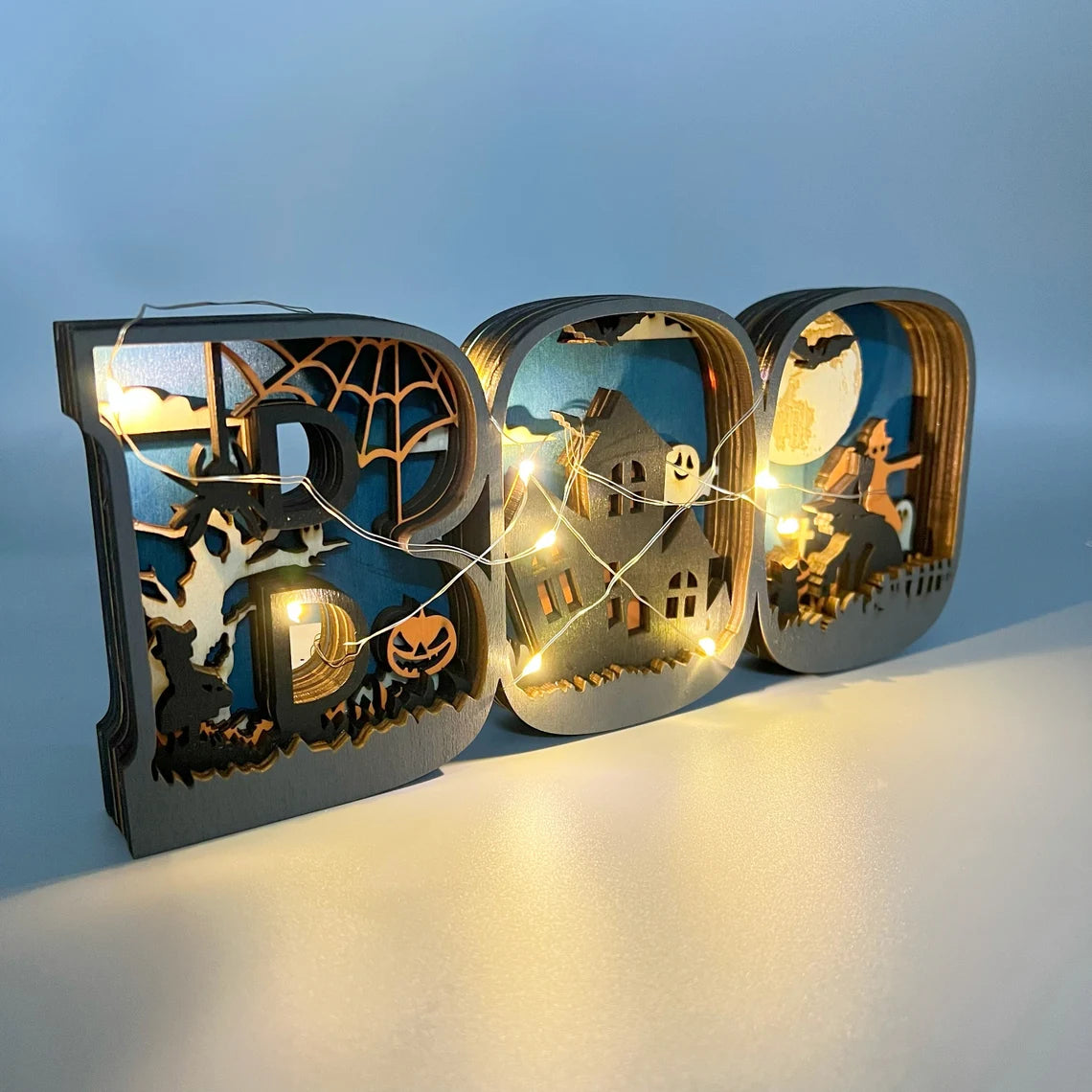 3D Wooden BOO Sign Lamp – Halloween Tabletop & Wall Decoration