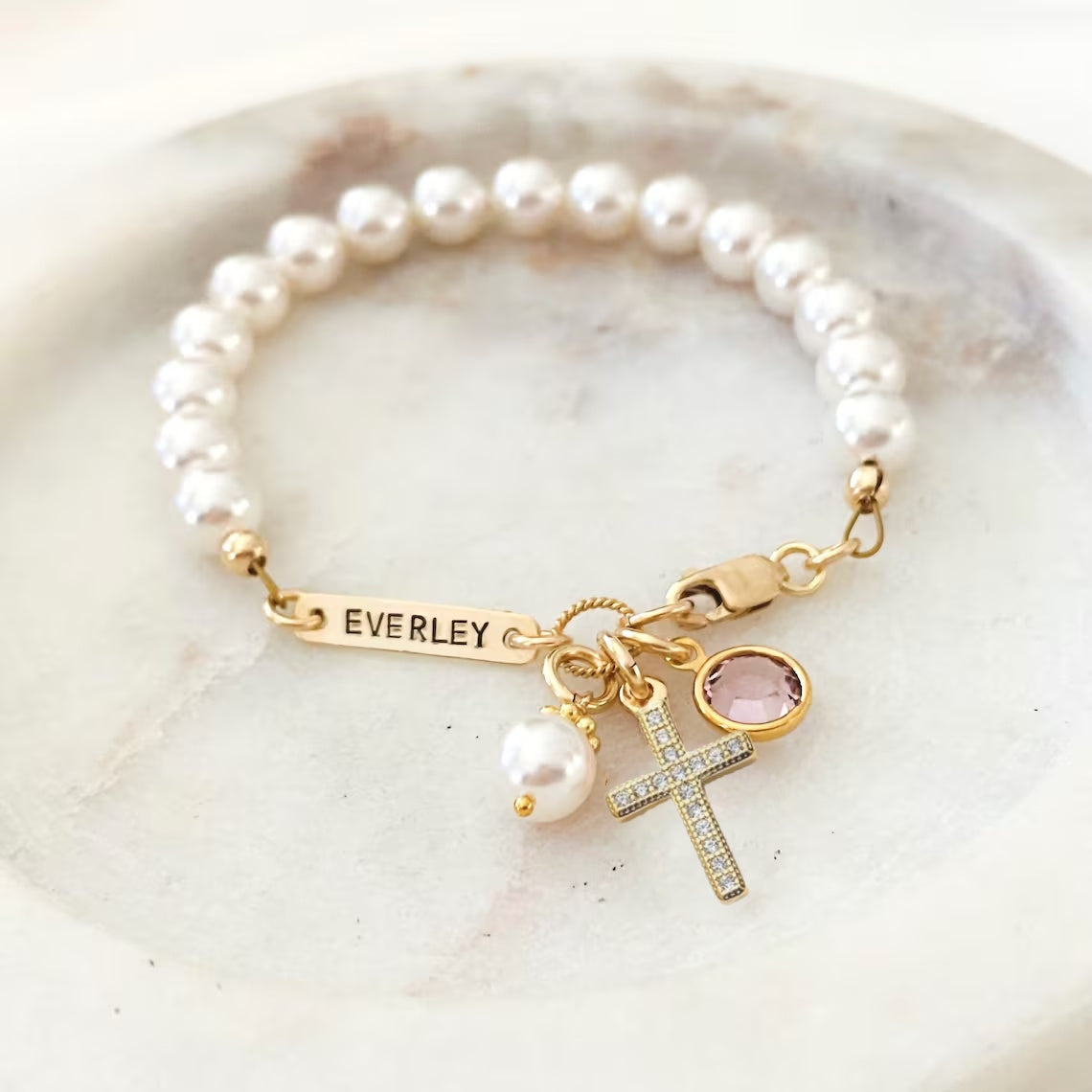 Personalised Cross Pearl Bracelet – First Holy Communion