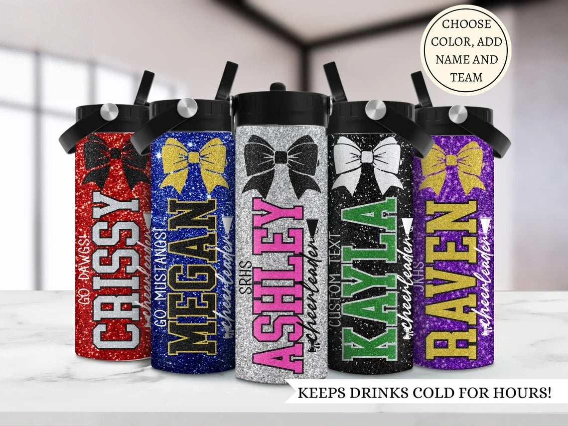 Personalized Cheerleader Water Bottle – Glitter Name Tumbler 20oz