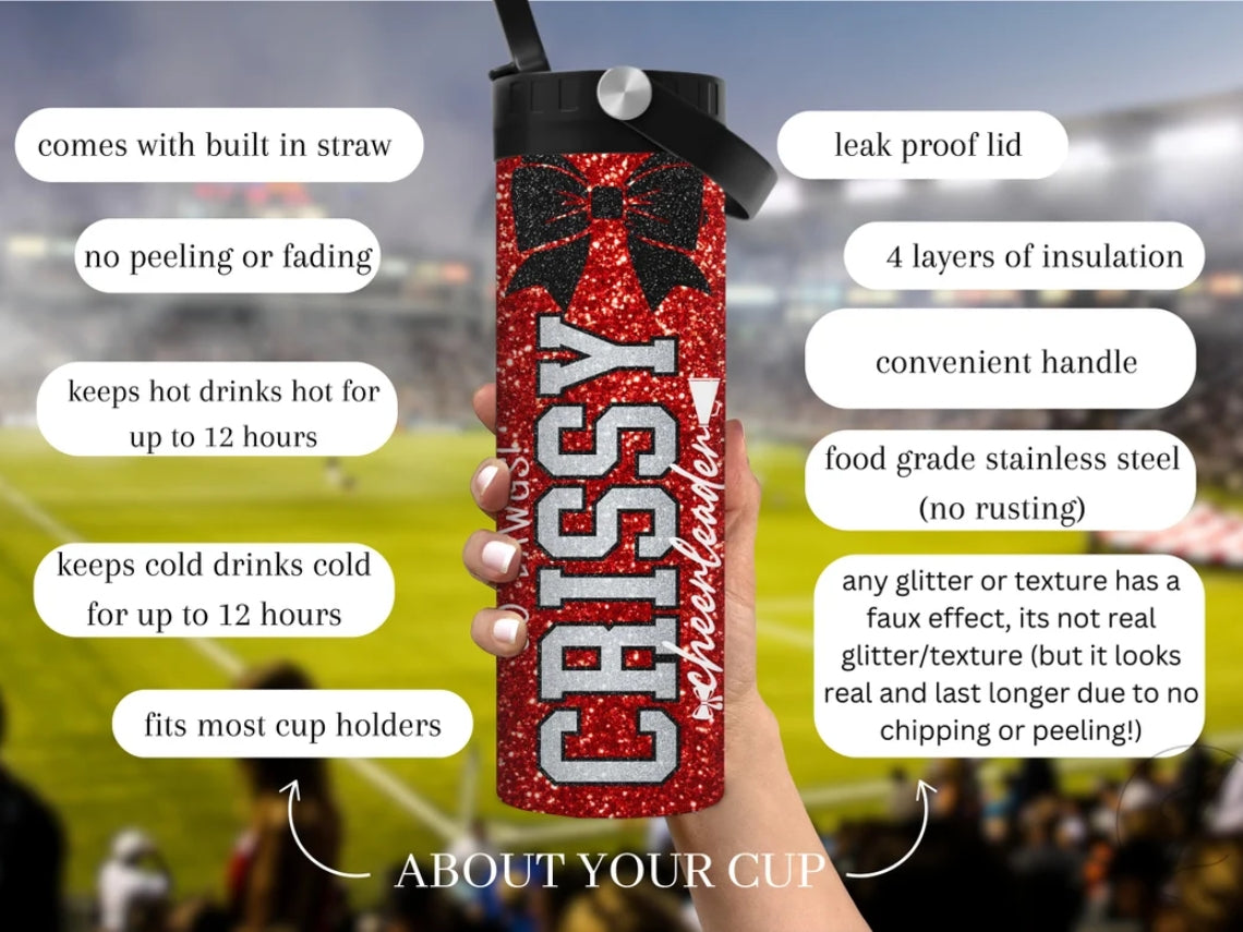 Personalized Cheerleader Water Bottle – Glitter Name Tumbler 20oz