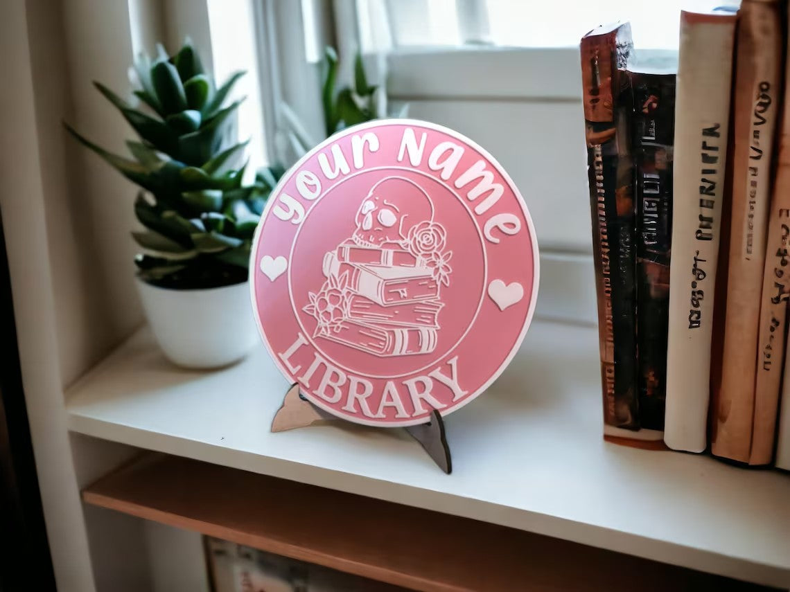 Personalized 3D Library Sign – Book Nook Decor with Stand