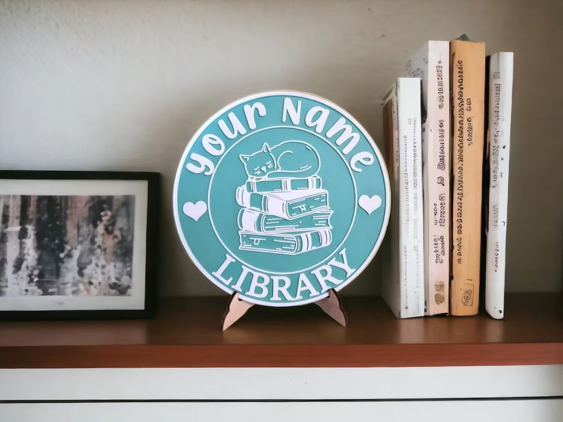 Personalized 3D Library Sign – Book Nook Decor with Stand