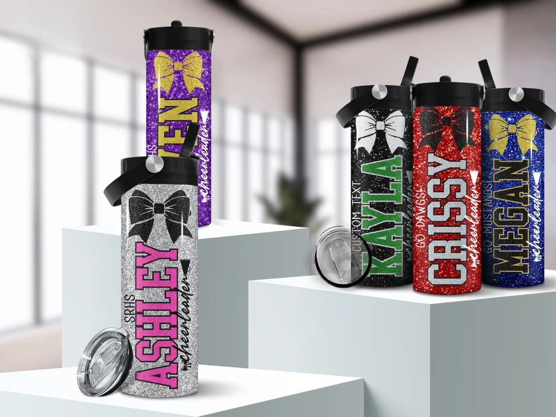 Personalized Cheerleader Water Bottle – Glitter Name Tumbler 20oz