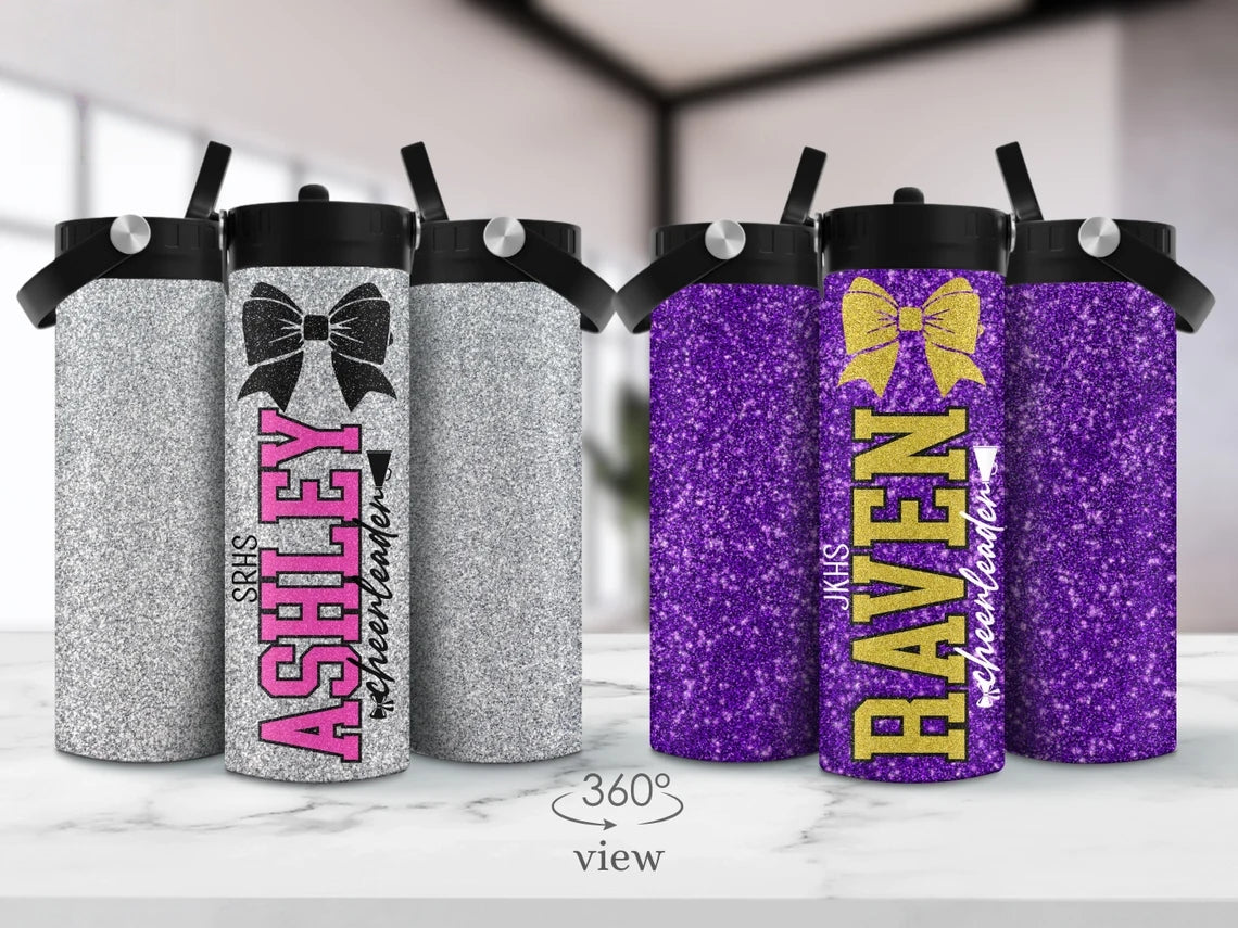 Personalized Cheerleader Water Bottle – Glitter Name Tumbler 20oz