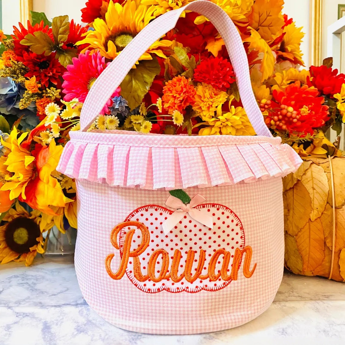 Personalized Halloween Bucket – Pink or Blue Gingham Trick-or-Treat