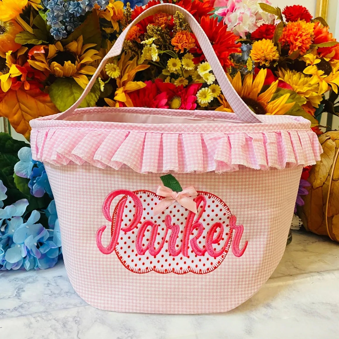 Personalized Halloween Bucket – Pink or Blue Gingham Trick-or-Treat