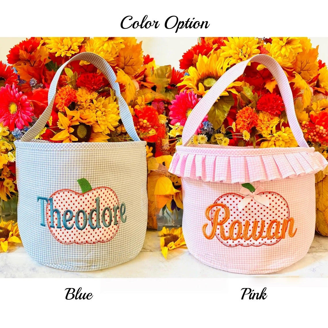 Personalized Halloween Bucket – Pink or Blue Gingham Trick-or-Treat