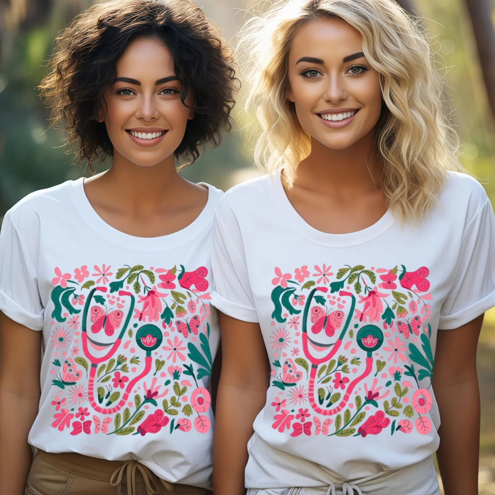 Retro Floral Pink Nurse Shirt – Boho Aesthetic Tee