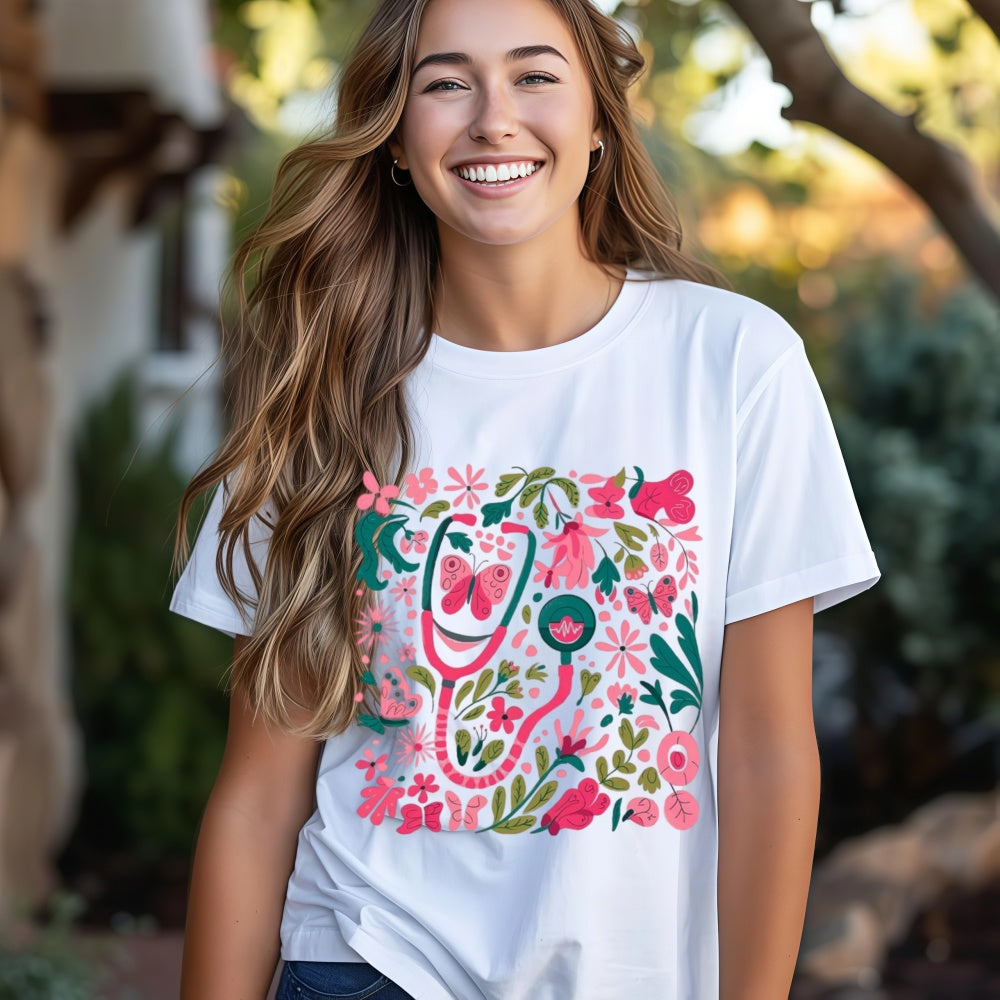 Retro Floral Pink Nurse Shirt – Boho Aesthetic Tee